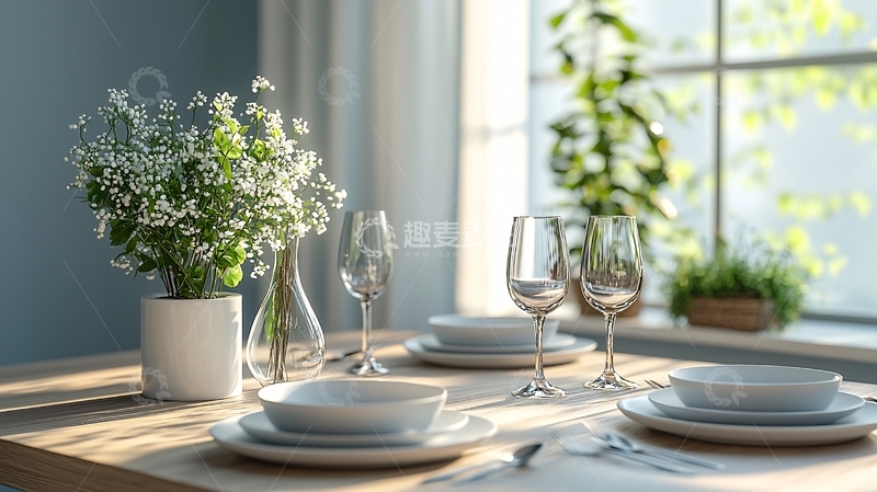 高清大图下载【趣麦麦图】阳光洒在餐桌上的花卉摆设