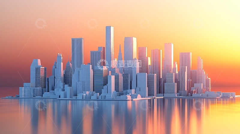高清大图下载【趣麦麦图】日出时分低多边形城市景观