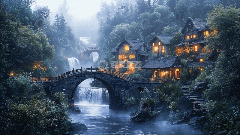 高清大图下载【趣麦麦图】雾气森林小镇