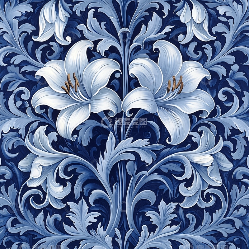 高清大图下载【趣麦麦图】蓝白百合花纹理壁纸