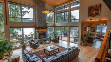 高挑客厅落地窗湖景别墅