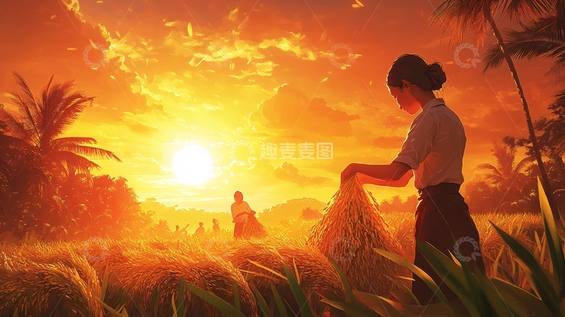 高清大图下载【趣麦麦图】夕阳下收割稻谷的女子