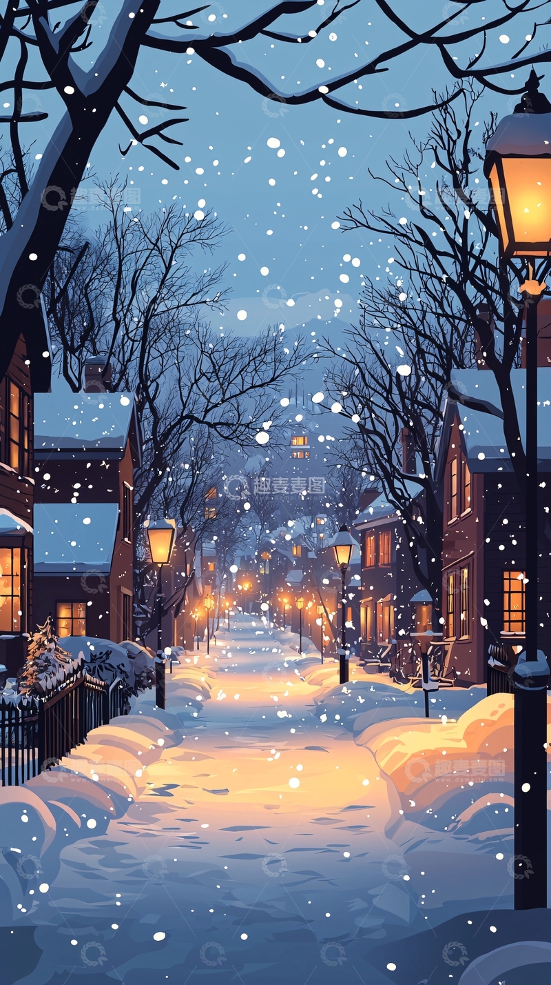 高清大图下载【趣麦麦图】下雪的街道夜景