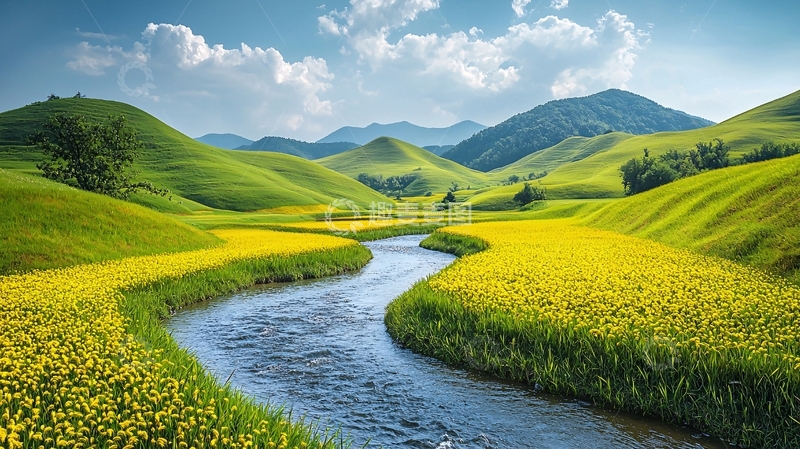 高清大图下载【趣麦麦图】绿油油的田野河流风景