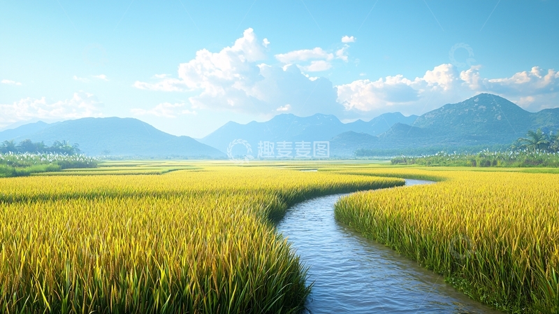 高清大图下载【趣麦麦图】金黄稻田河流山峦