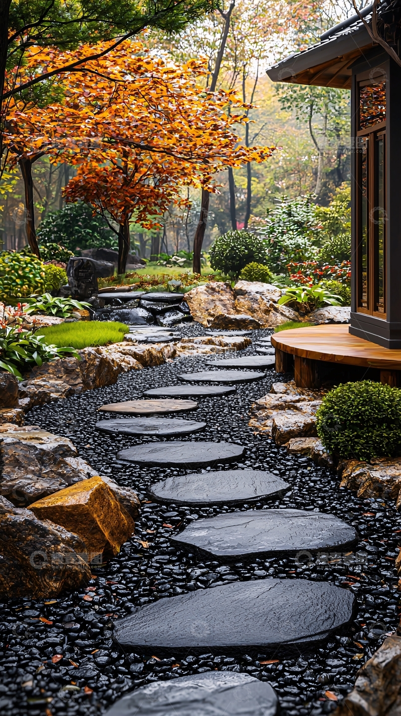 高清大图下载【趣麦麦图】秋日庭院石板路