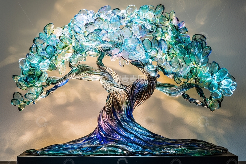 高清大图下载【趣麦麦图】蓝绿色玻璃树雕塑