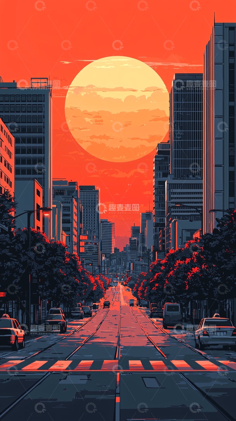 高清大图下载【趣麦麦图】橙色日落城市街道
