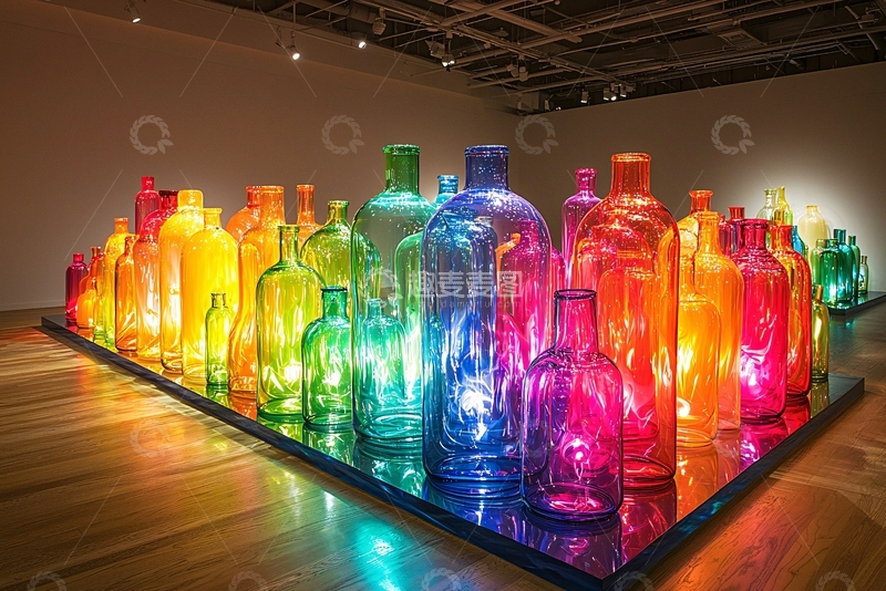 高清大图下载【趣麦麦图】彩色玻璃瓶艺术装置