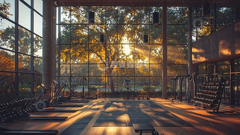 高清大图下载【趣麦麦图】阳光透过玻璃洒进健身房