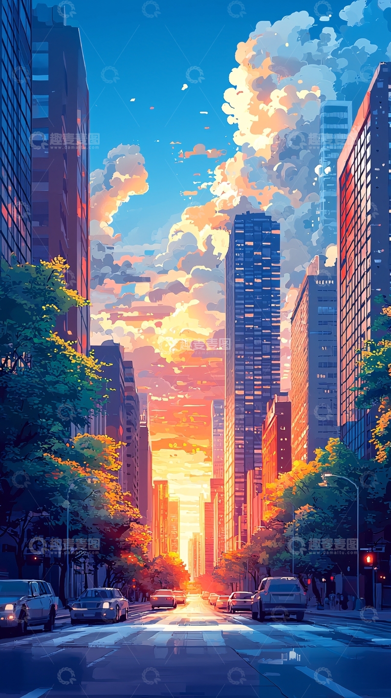 高清大图下载【趣麦麦图】城市街景日落