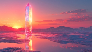 日落背景下的巨大水晶柱