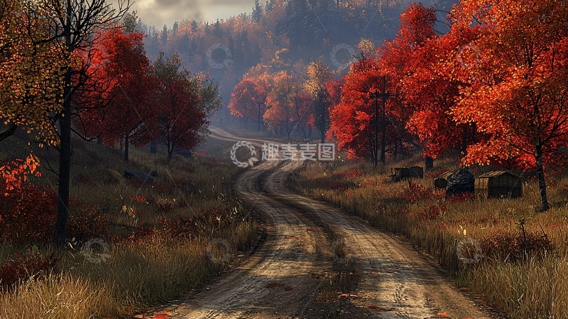 高清大图下载【趣麦麦图】秋日红叶小路