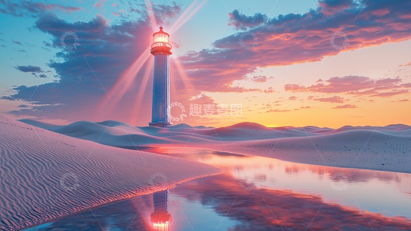 高清大图下载【趣麦麦图】沙漠灯塔日落