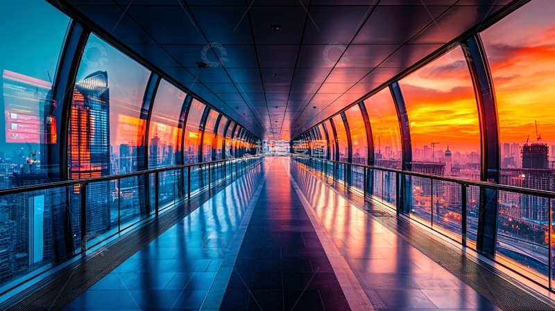 高清大图下载【趣麦麦图】高空玻璃走廊日落城市景色