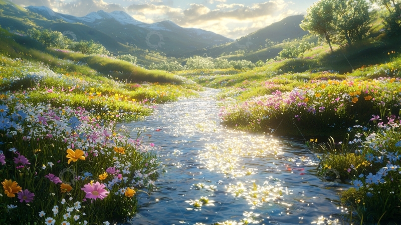 高清大图下载【趣麦麦图】山间溪流鲜花盛开