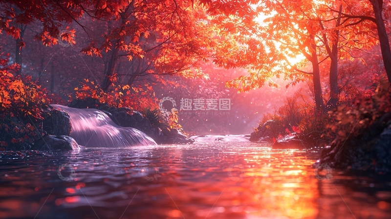 高清大图下载【趣麦麦图】红枫叶瀑布溪流风景