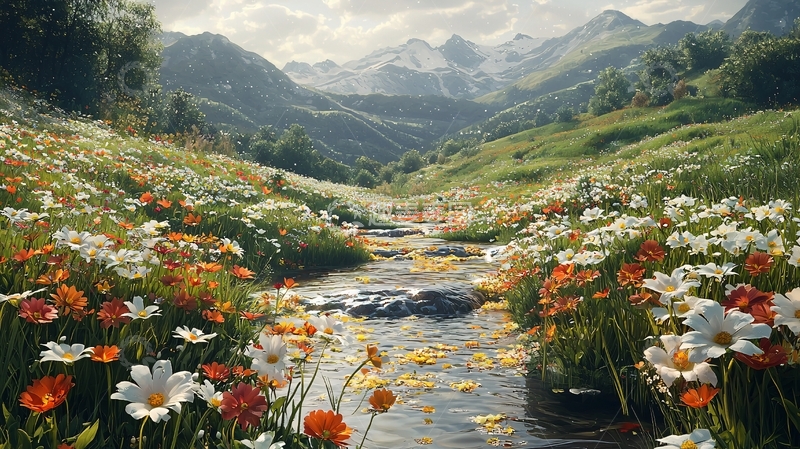 高清大图下载【趣麦麦图】山谷溪流野花盛开