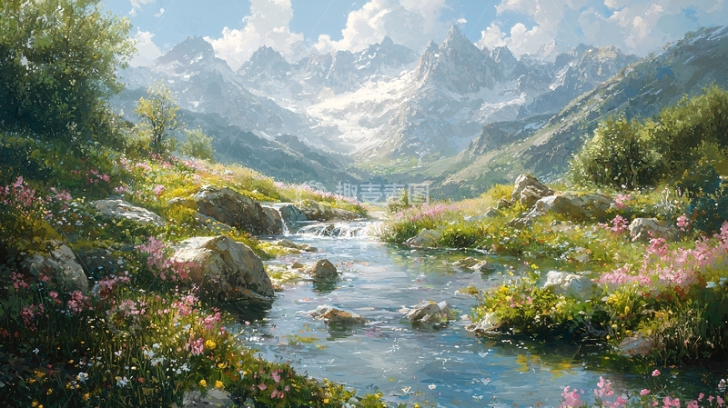 高清大图下载【趣麦麦图】阳光明媚的山谷溪流