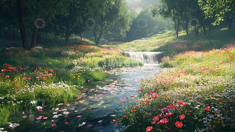 高清大图下载【趣麦麦图】阳光森林溪流花海