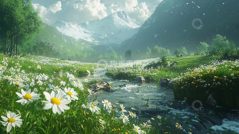 高清大图下载【趣麦麦图】阿尔卑斯山脉雏菊花田