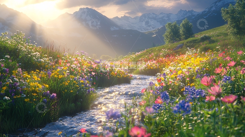 高清大图下载【趣麦麦图】阳光洒在山间花海溪流