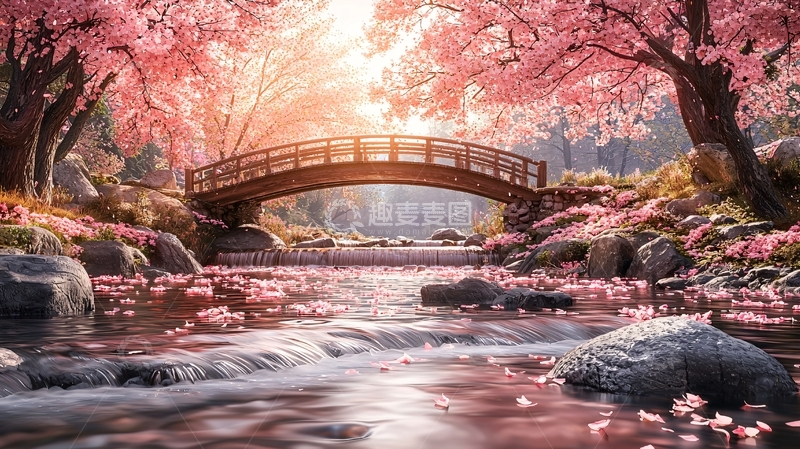 高清大图下载【趣麦麦图】樱花树下木桥流水