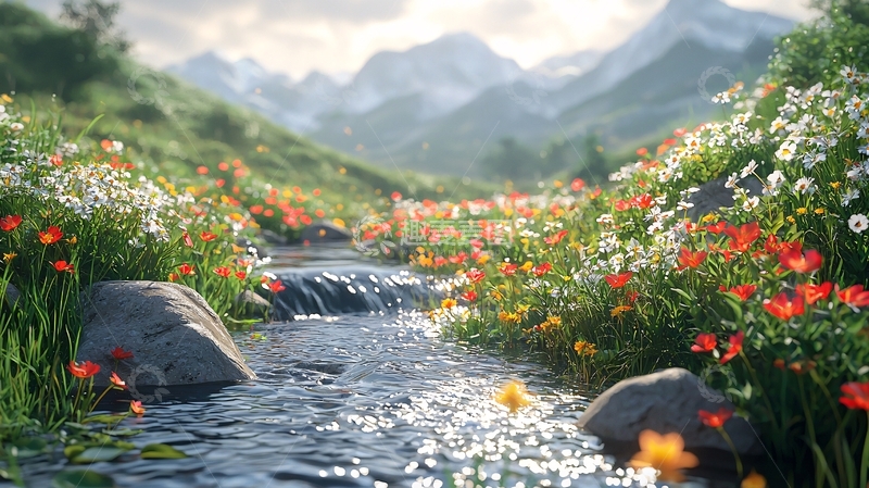 高清大图下载【趣麦麦图】山间溪流野花盛开