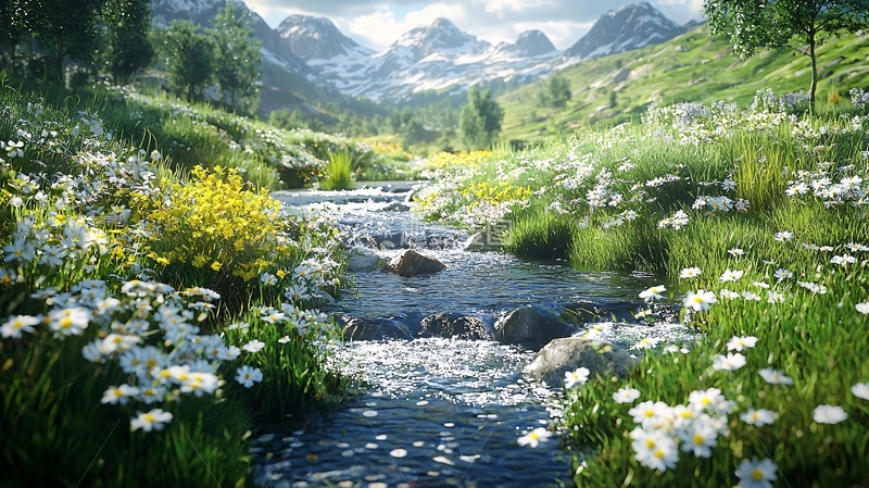 高清大图下载【趣麦麦图】山谷溪流野花盛开