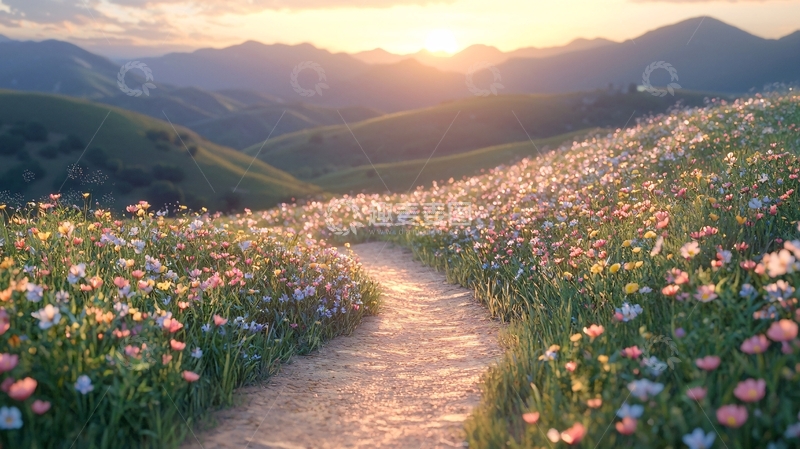 高清大图下载【趣麦麦图】落日余晖下的花海小路