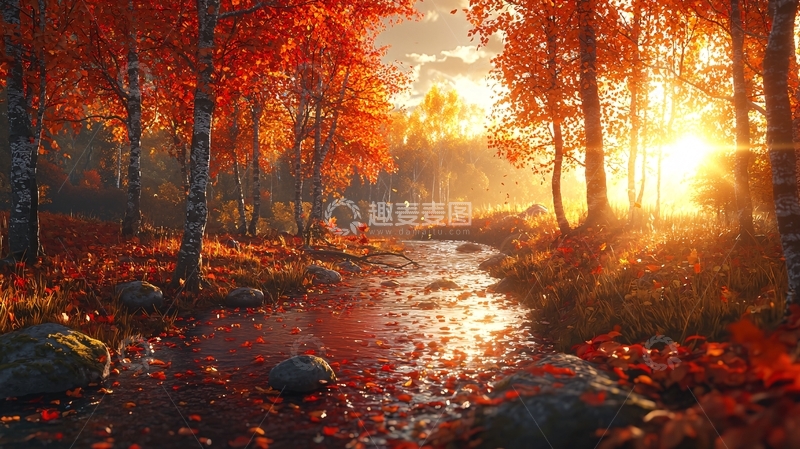 高清大图下载【趣麦麦图】秋日森林溪流日落