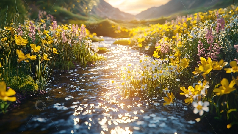 高清大图下载【趣麦麦图】山间溪流野花盛开