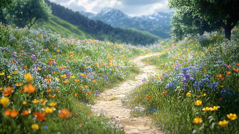 高清大图下载【趣麦麦图】山间小路鲜花盛开
