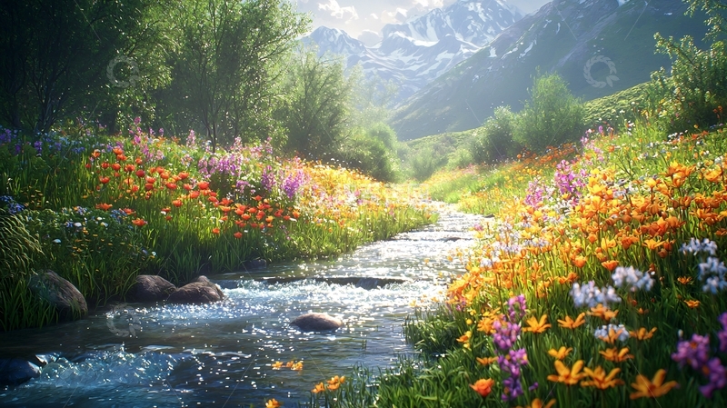 高清大图下载【趣麦麦图】阳光明媚的山谷溪流