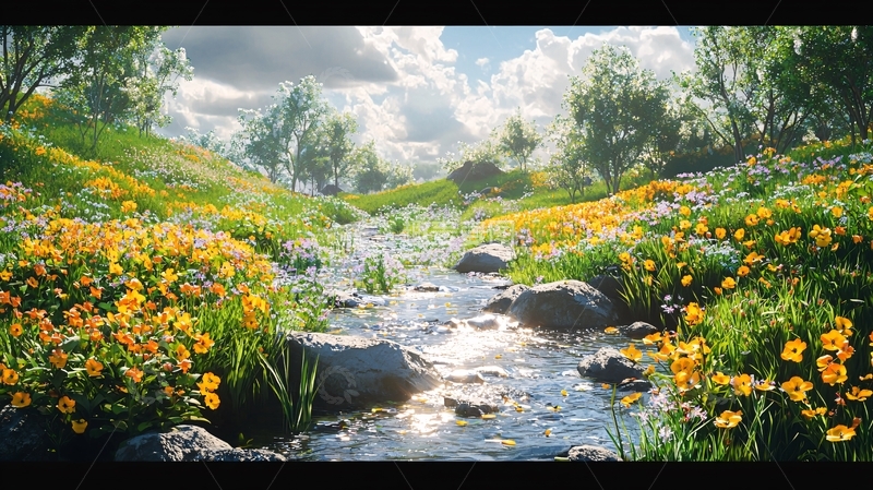 高清大图下载【趣麦麦图】阳光下的野花溪流