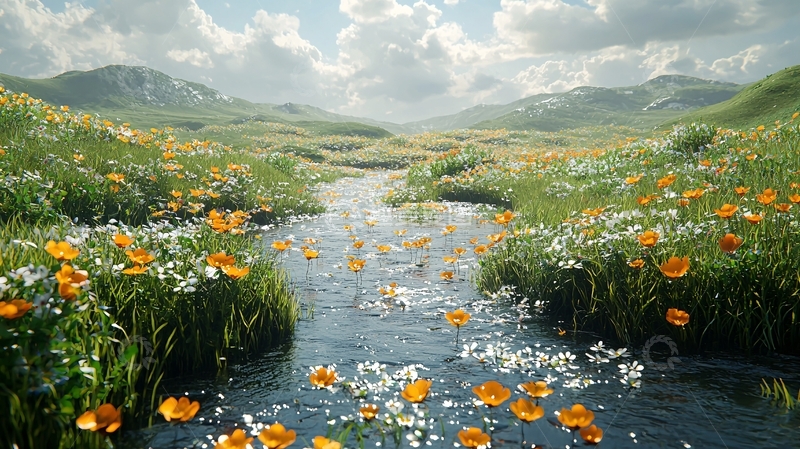 高清大图下载【趣麦麦图】鲜花盛开的溪流山谷