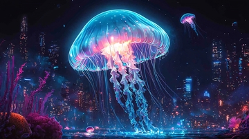 巨型发光水母夜景城市