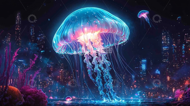 高清大图下载【趣麦麦图】巨型发光水母夜景城市