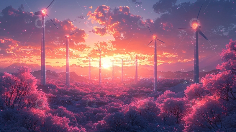 高清大图下载【趣麦麦图】唯美日落风力发电站