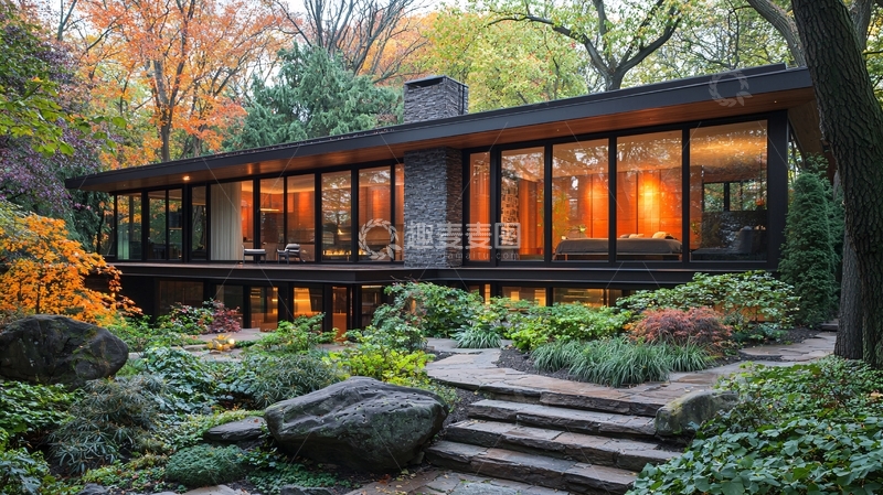 高清大图下载【趣麦麦图】秋日森林中的现代住宅