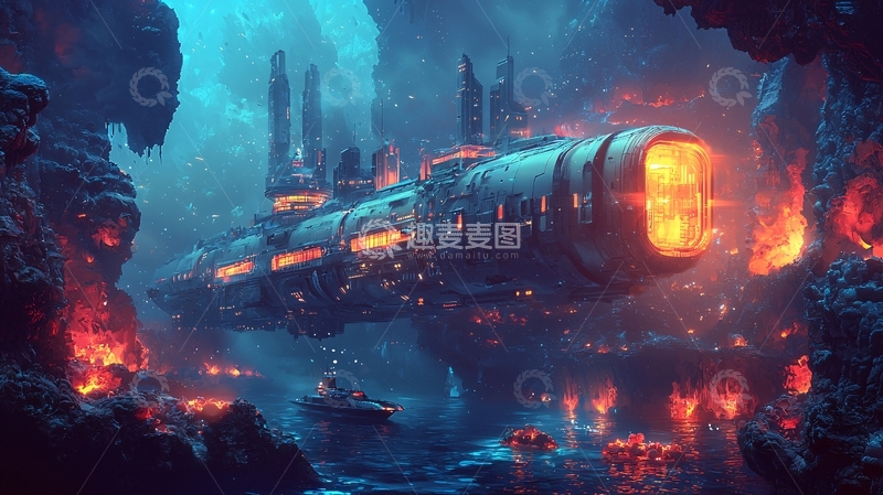 高清大图下载【趣麦麦图】地下熔岩城市飞船