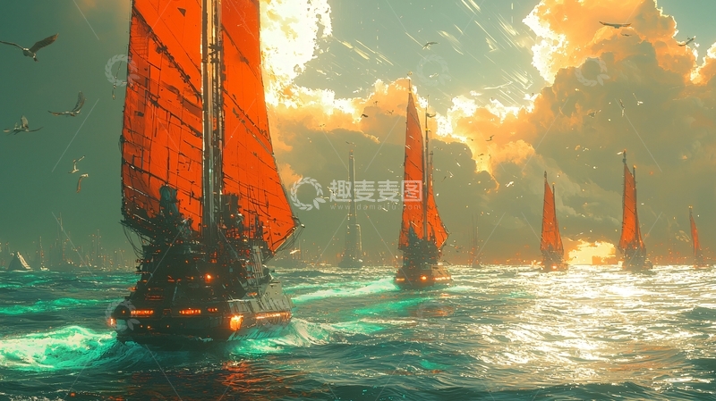 高清大图下载【趣麦麦图】夕阳下红色的帆船