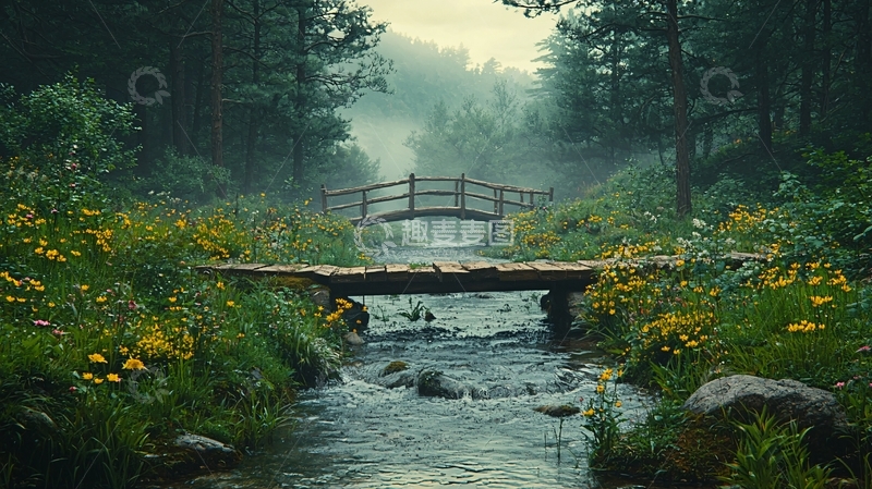 高清大图下载【趣麦麦图】雾气森林小桥流水