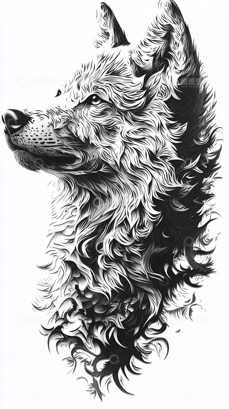 高清大图下载【趣麦麦图】黑白狼头纹身图案