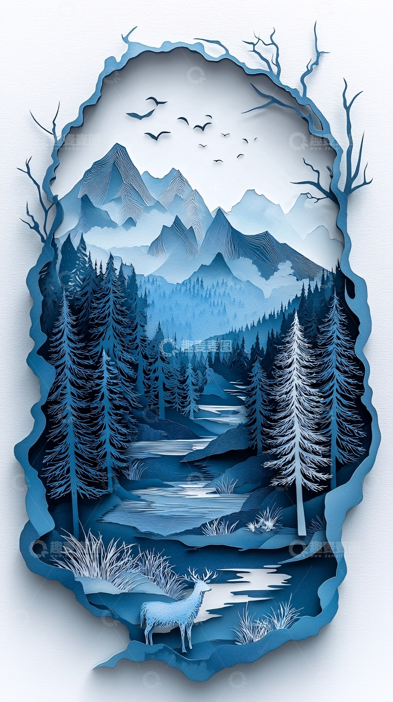 高清大图下载【趣麦麦图】蓝调剪纸山水风景