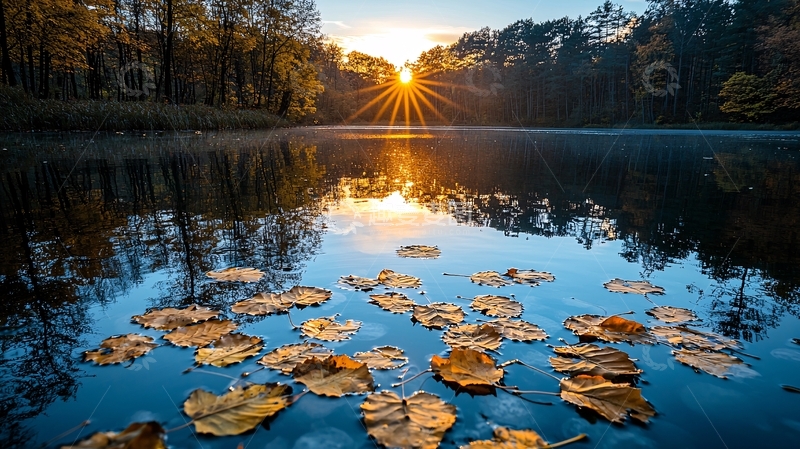 高清大图下载【趣麦麦图】秋日清晨湖面落叶