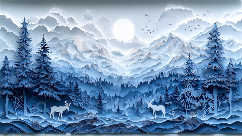 高清大图下载【趣麦麦图】蓝色山脉剪影