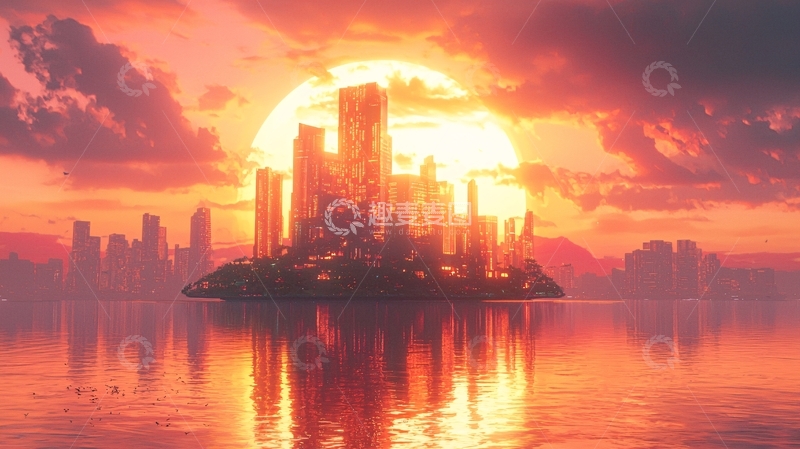 高清大图下载【趣麦麦图】日落城市岛屿