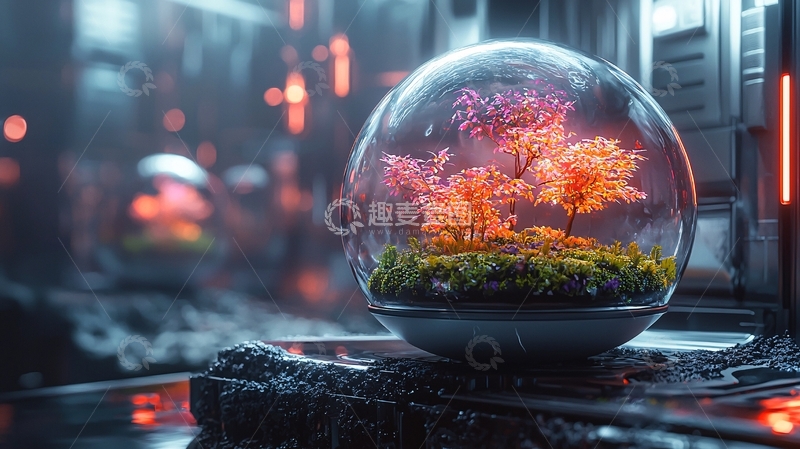 高清大图下载【趣麦麦图】未来科技感玻璃球盆栽