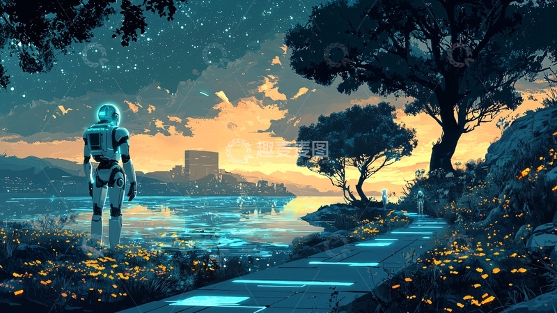 高清大图下载【趣麦麦图】科幻风格机器人风景画